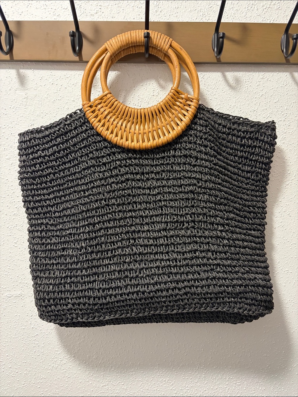 Black Woven Tote with Natural Rattan Circle Handles
